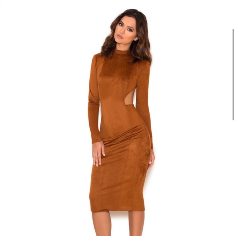 House of CB London Brown Suede Maxi Dress High Neck Cutout Slit Tan Zipper back